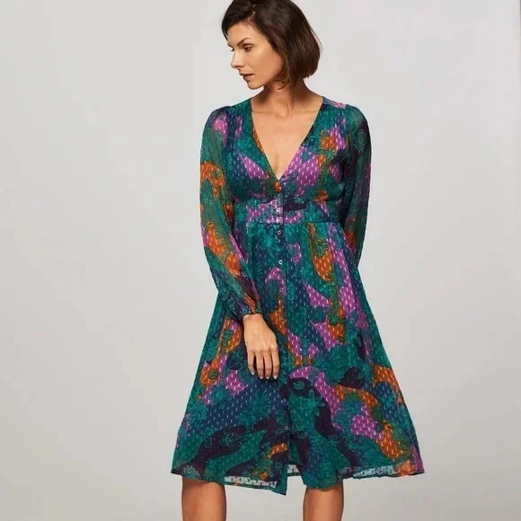 green emerald velvet dress FRNCH Earthy Green Floral Hilda Woven Dress main image 0